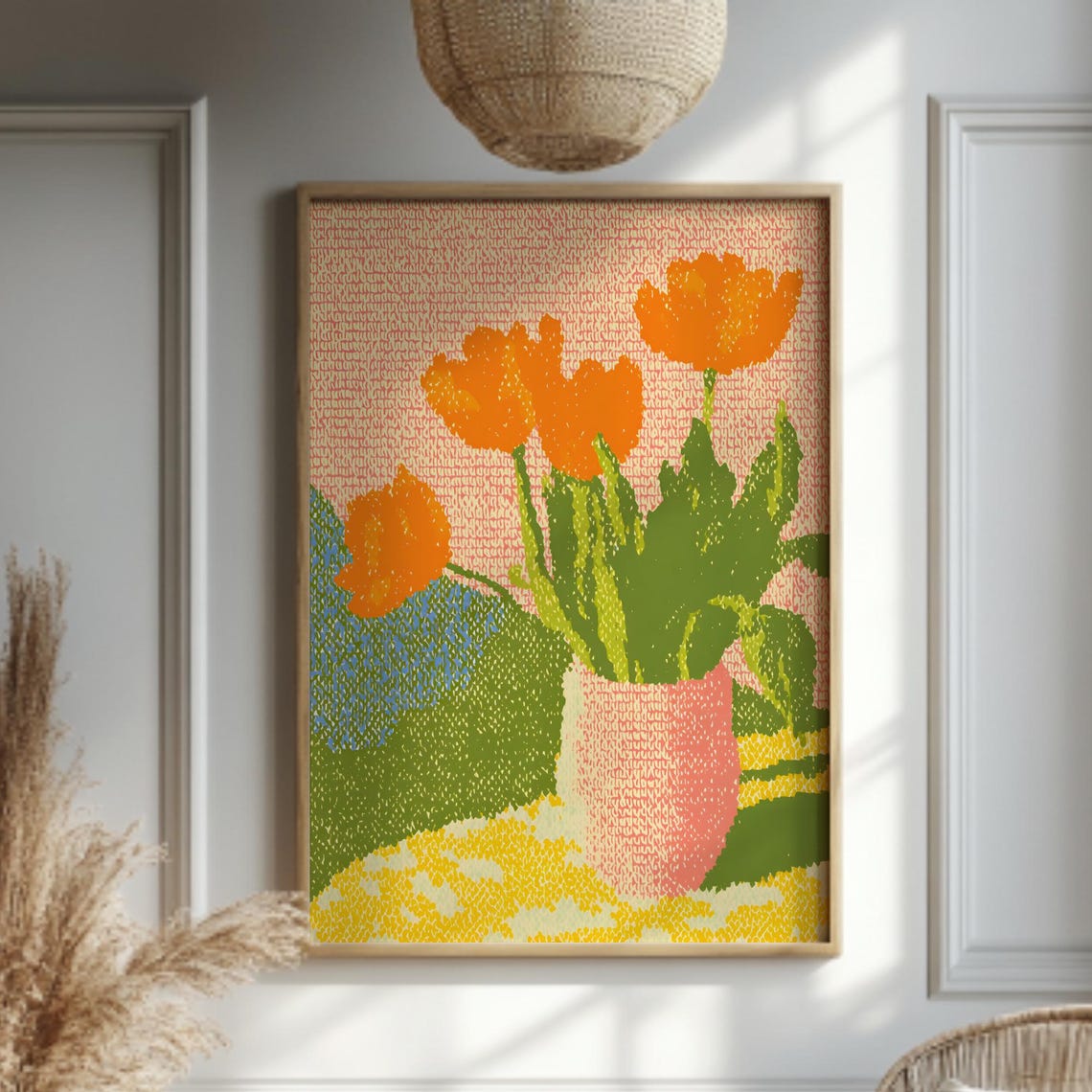 Orange Tulips Pink Vase Abstract Dot Style Bold Floral Art Poster