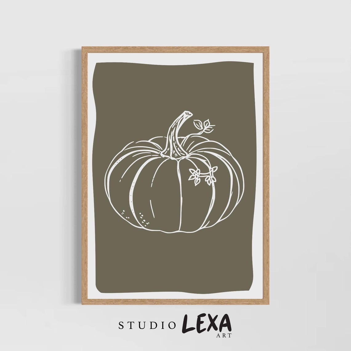 Minimalist White Pumpkin Line Drawing Olive Green Fall Art Poster