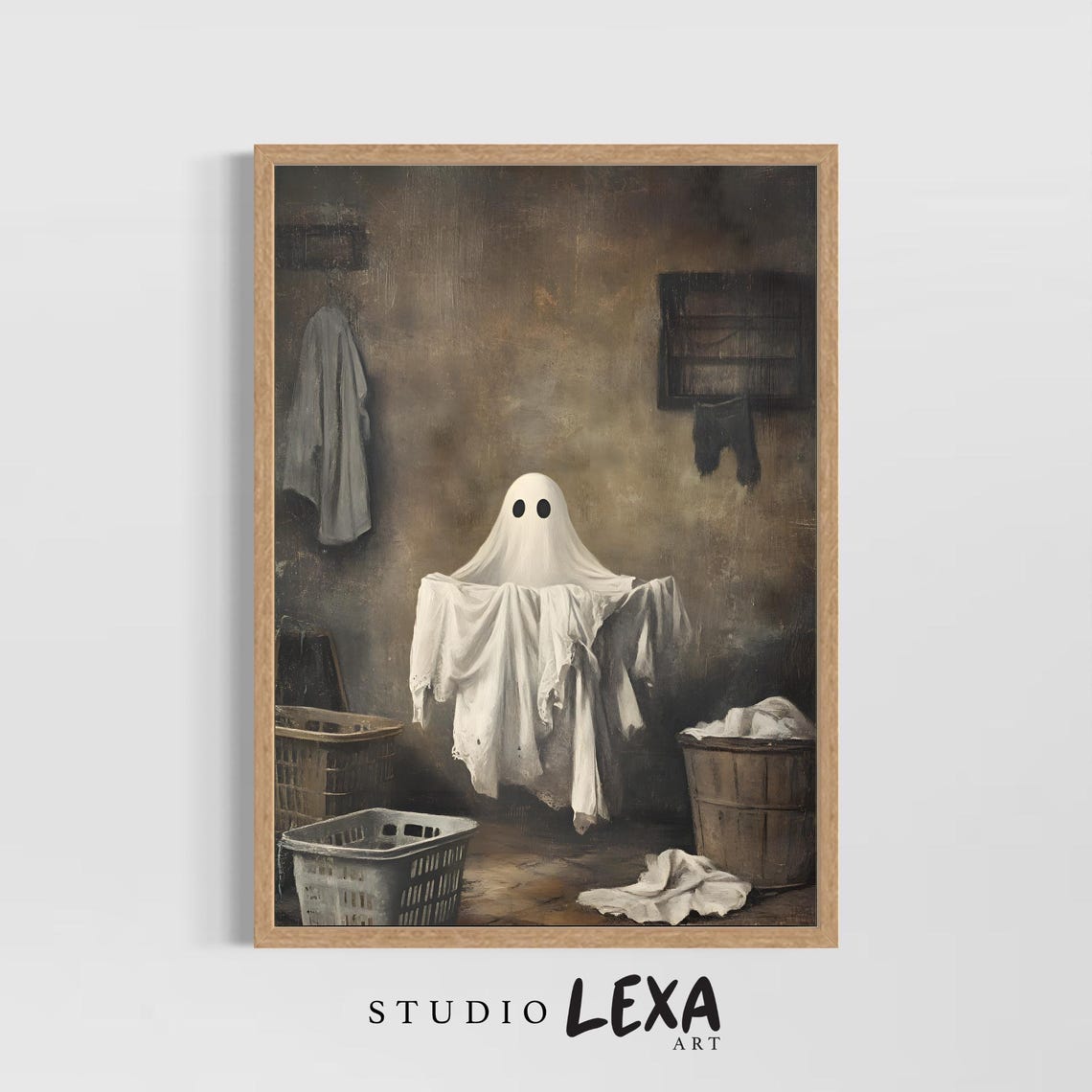 Cute Ghost Doing Laundry Vintage Spooky Laundry Room Decor Poster