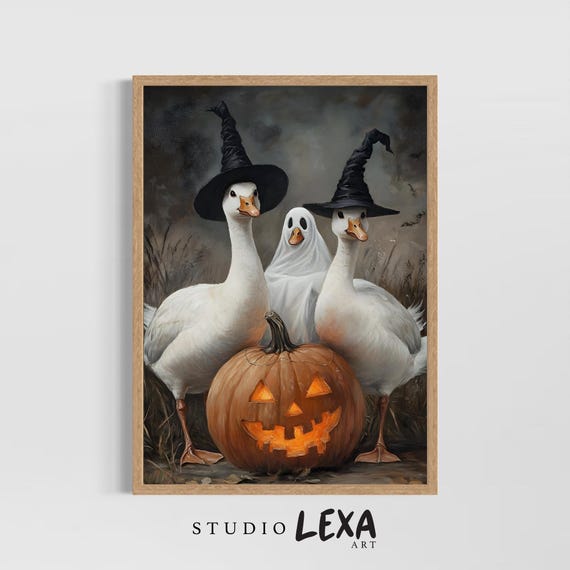 Halloween Geese Wall Art Funny Goose In Witch Hats Costume Pumpkin Fall Decor Spooky Animal Poster Autumn Print