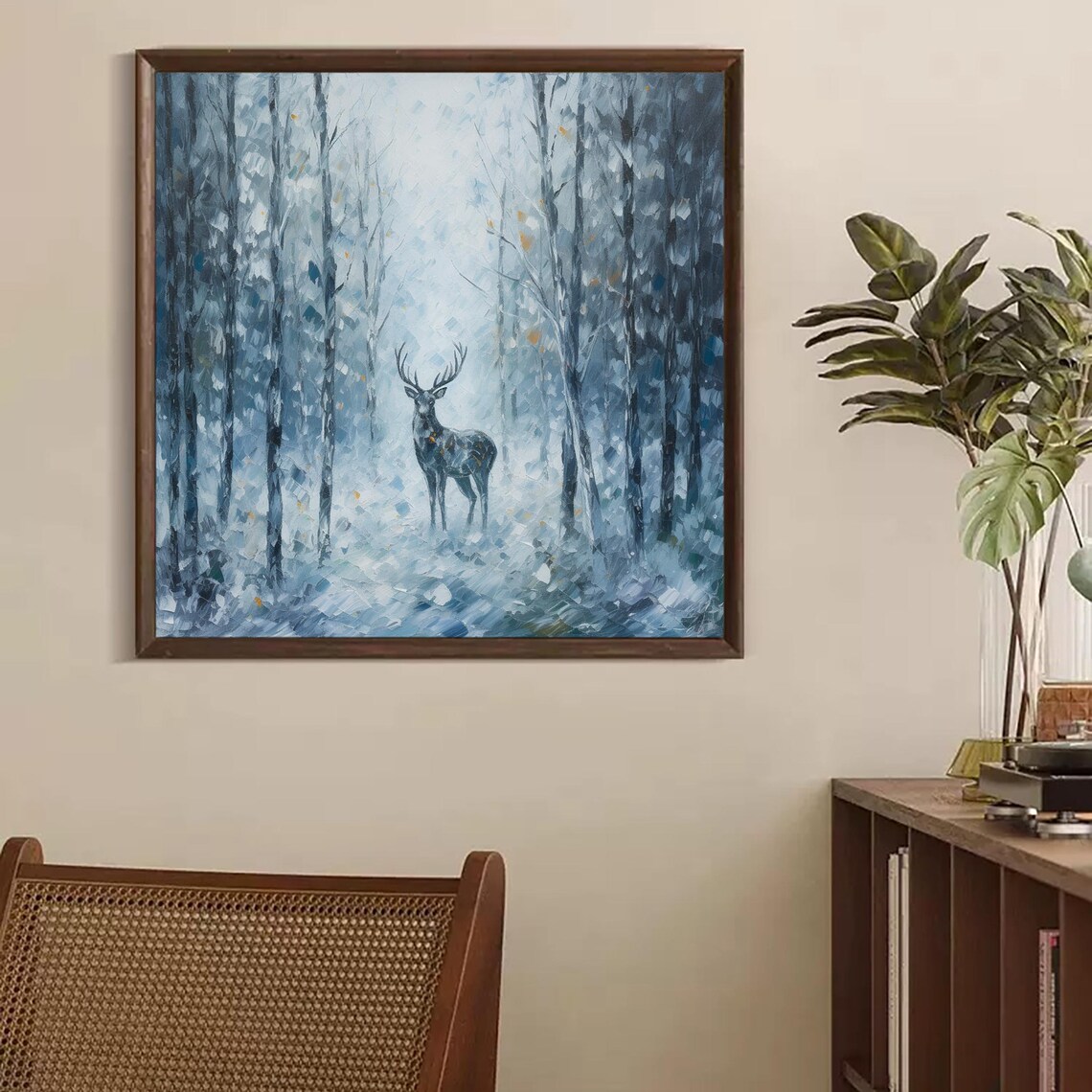 Majestic Stag Blue Winter Snow Forest Oil Painting Vintage Wildlife Poster - Image 2