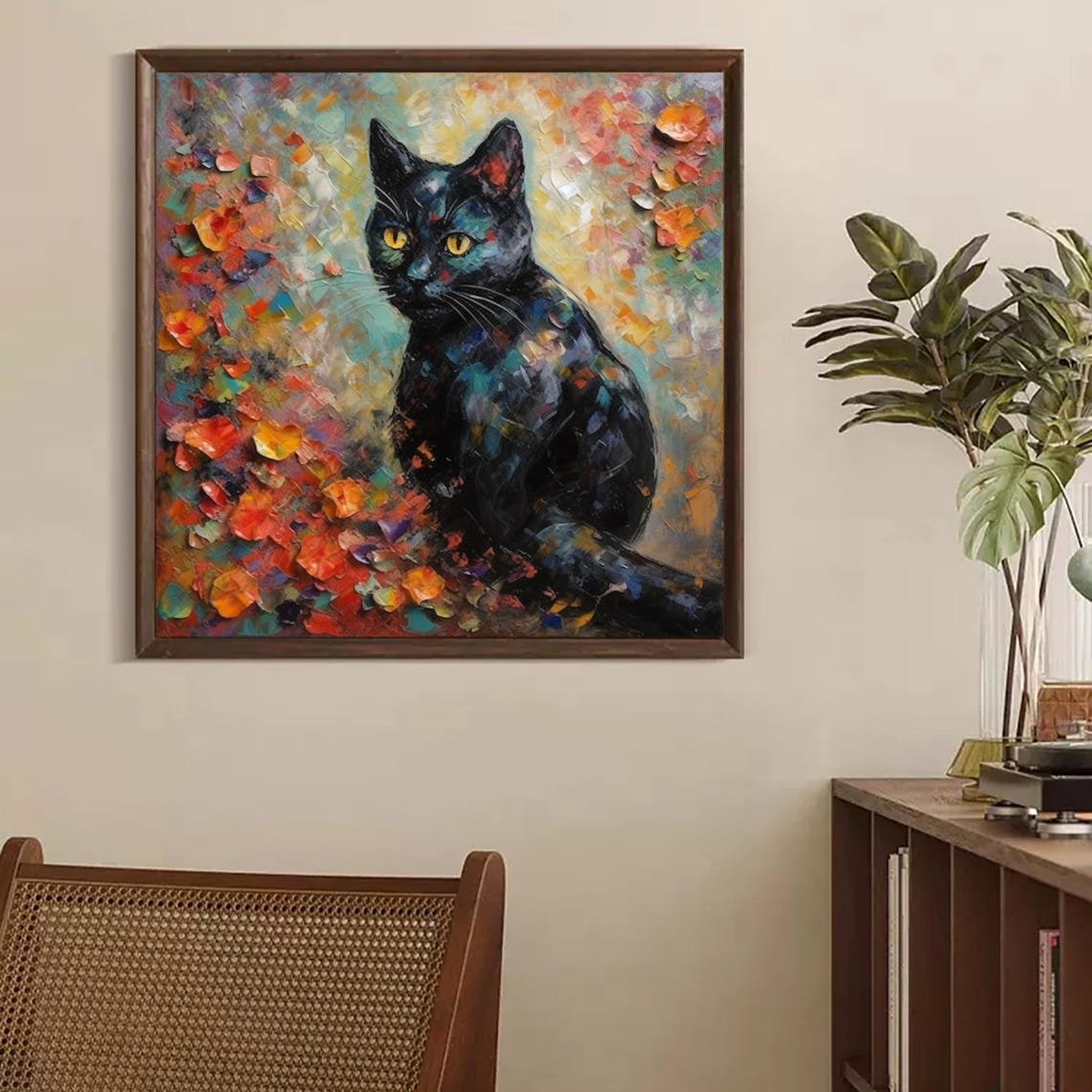 Black Cat Yellow Eyes Autumn Leaves Colorful Impasto Square Art Poster - Image 2