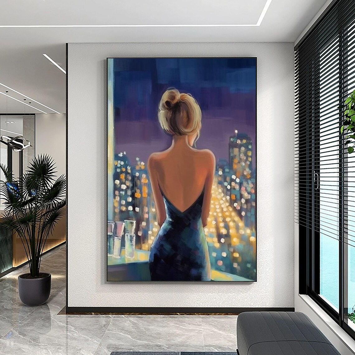 Woman Back View Evening Dress Night City Lights Balcony Art Poster - Image 2