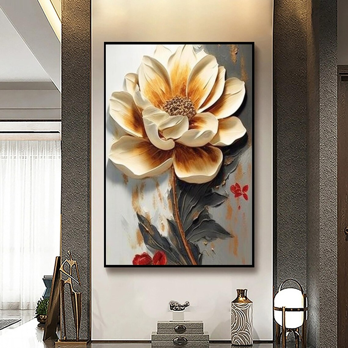Cream White Flower Golden Center 3D Impasto Floral Wall Poster - Image 4