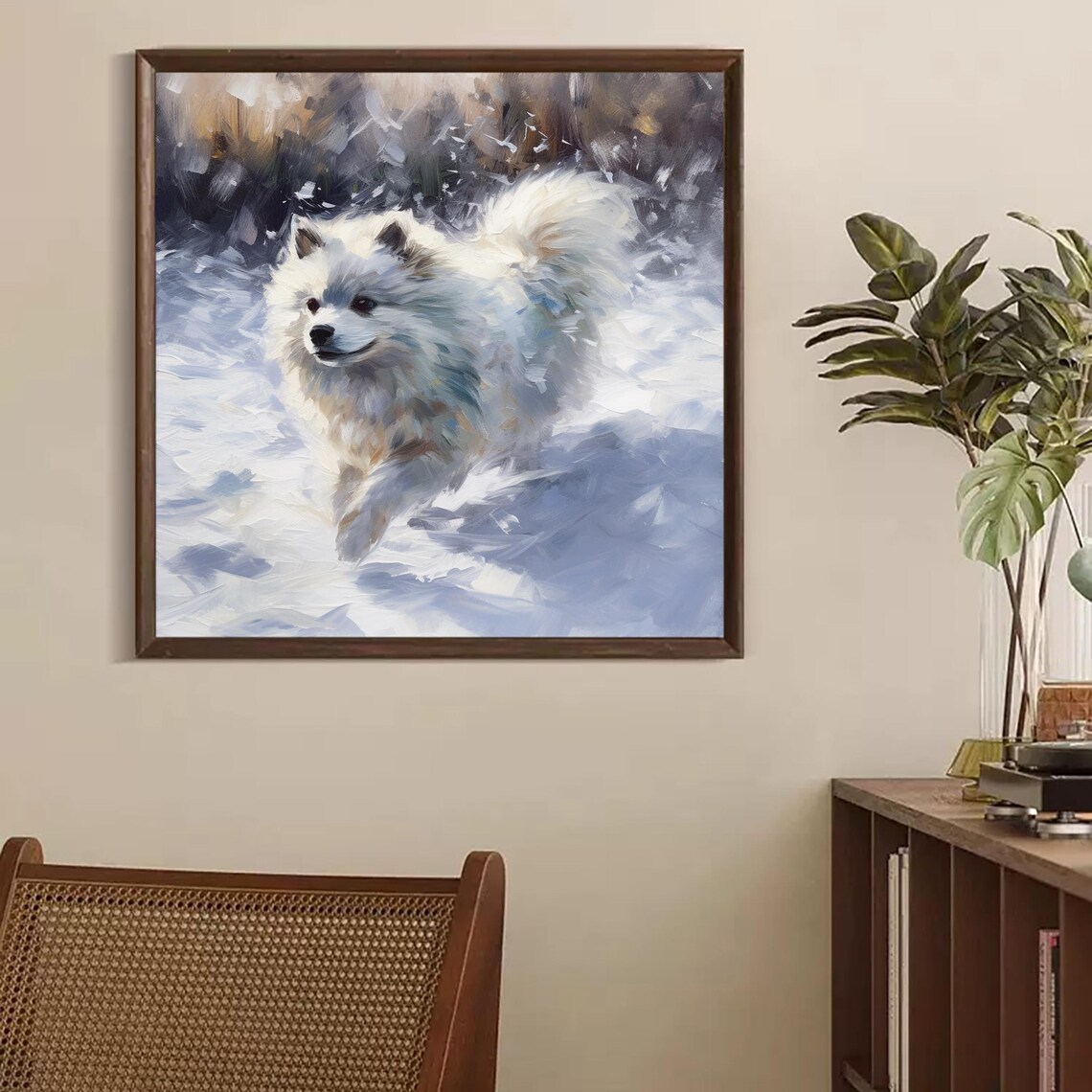 White Fluffy Dog Running Through Snow Winter Oil Painting Art Poster - Image 2