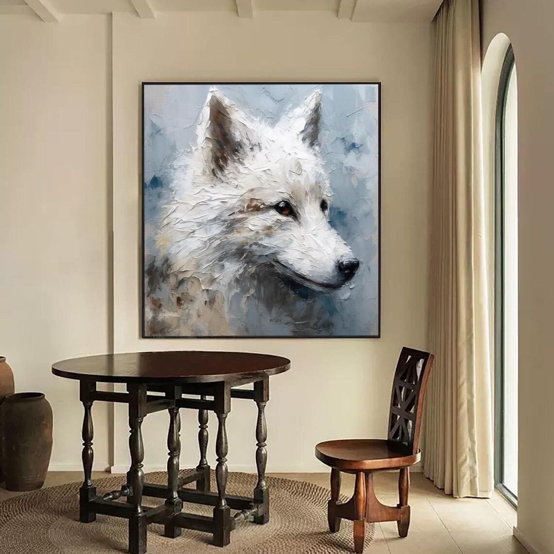 White Fox Portrait Textured Oil Painting Wildlife Animal Canvas Wall Art - Image 4