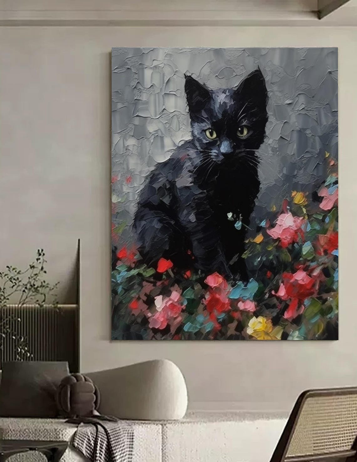 Black Cat Green Eyes Colorful Flower Garden Impasto Art Poster - Image 3
