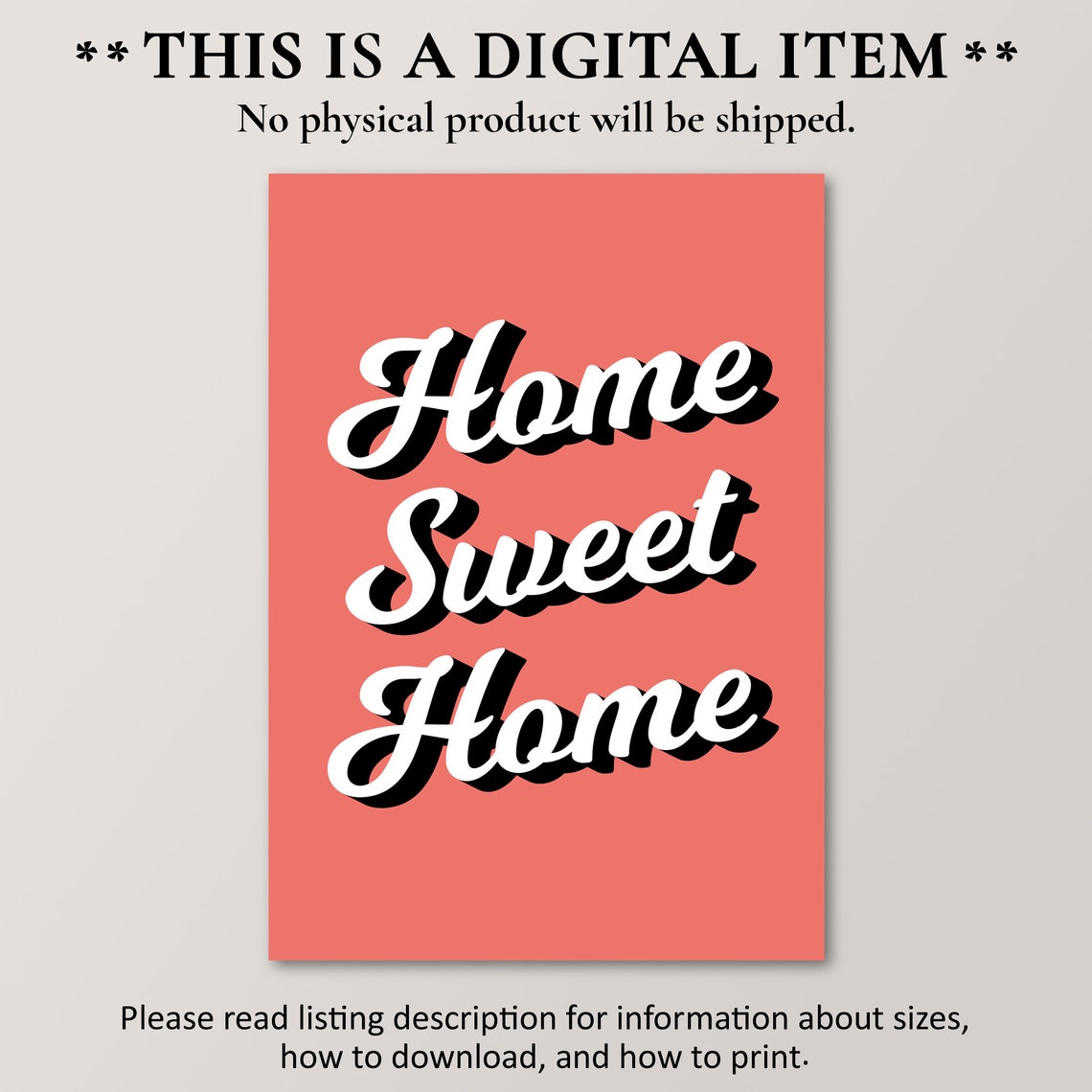 Home Sweet Home Bold Coral Script Typography Housewarming Poster - Image 2