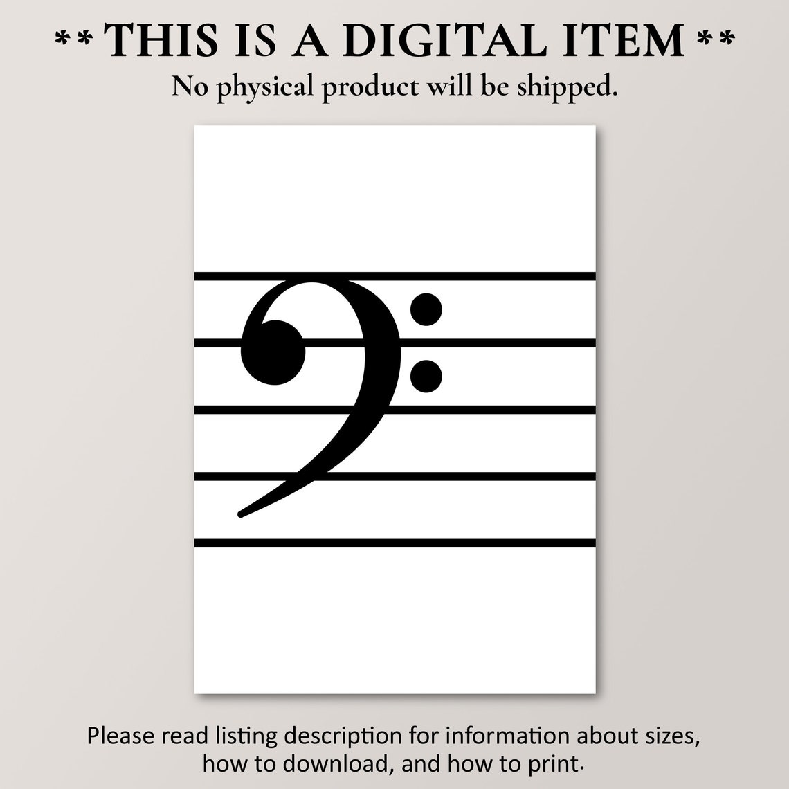 Minimalist Bass Clef on Staff Lines Black and White Music Poster - Image 4