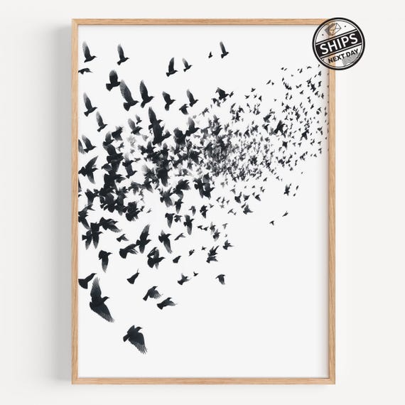 Monochrome Birds In Flight Wall Art Minimalist Black And White Flock Illustration Modern Natureinspired Artwork For Home Or Office