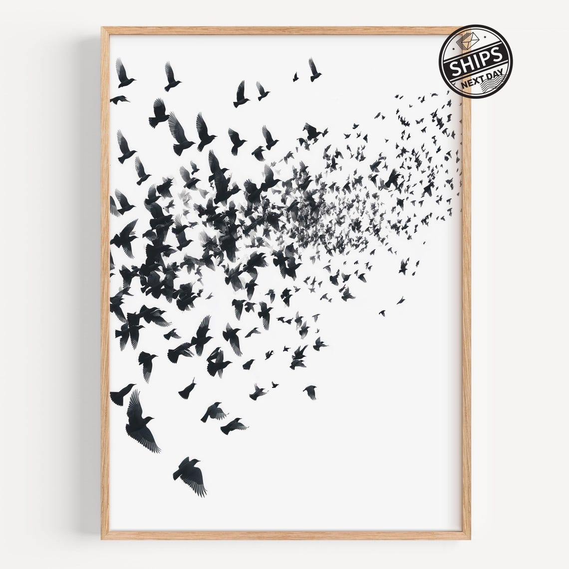 Flock of Black Birds in Flight Monochrome Minimalist Nature Poster