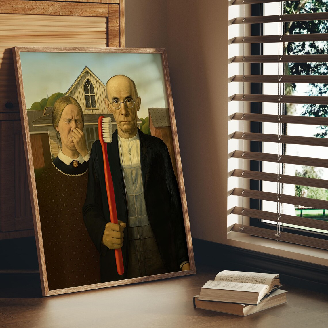 American Gothic Parody Giant Toothbrush Funny Classic Art Humor Poster
