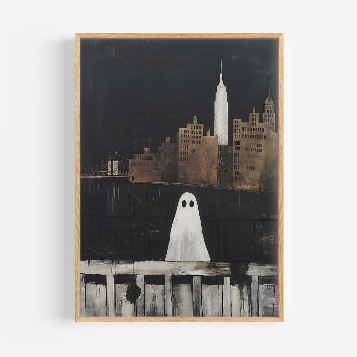 Lonely Ghost Over Night City Skyline Dark Academia Art Poster