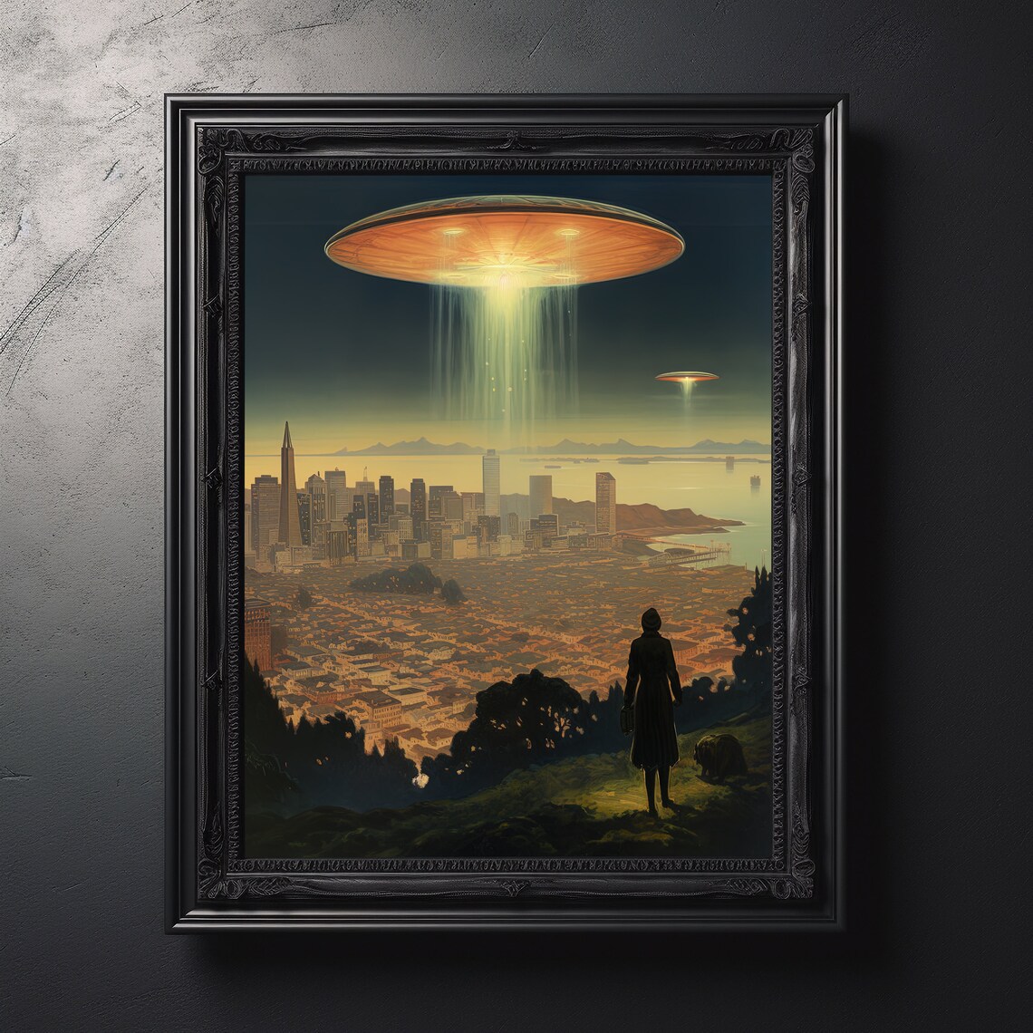 UFO Invasion San Francisco Skyline Retro Sci Fi Alien Encounter Art Print