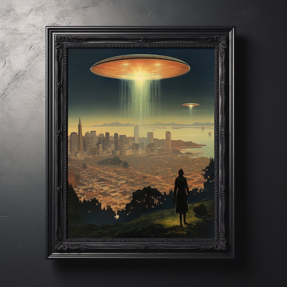 UFO Invasion San Francisco Skyline Retro Sci Fi Alien Encounter Art Print