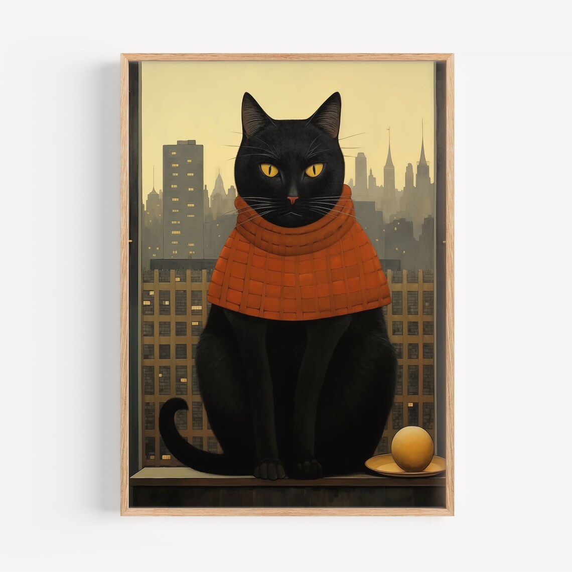 Black Cat in Orange Sweater City Skyline Whimsical Cat Art Poster