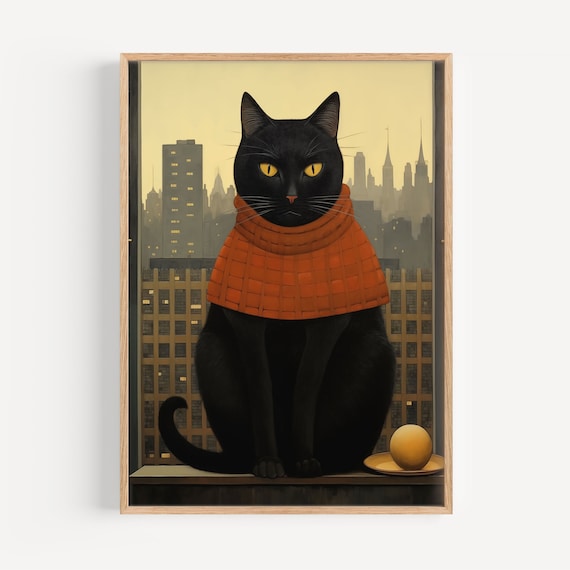 Black Cat in Orange Sweater City Skyline Whimsical Cat Art Poster
