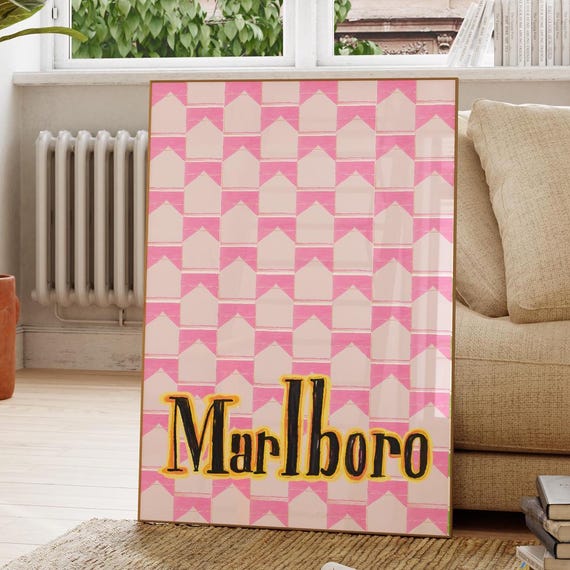 Retro Bar Cart Art Pink Wall Poster Marlboro Print Funky Decor Vintage Matchbox Bedroom Trendy