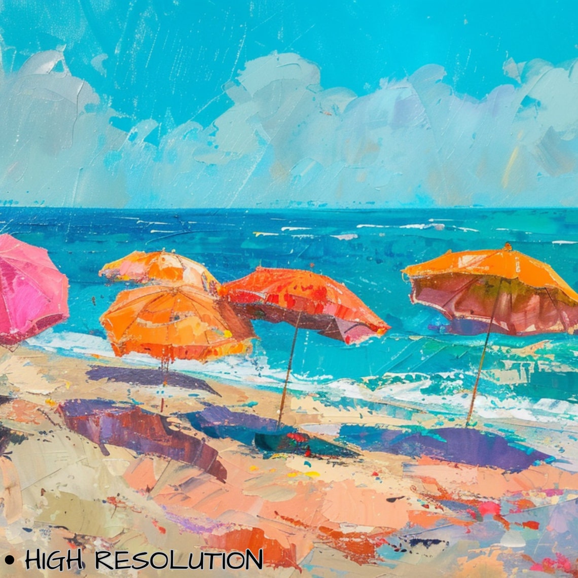Summer Beach Umbrellas Ocean Waves Colorful Impasto Coastal Art Poster - Image 3