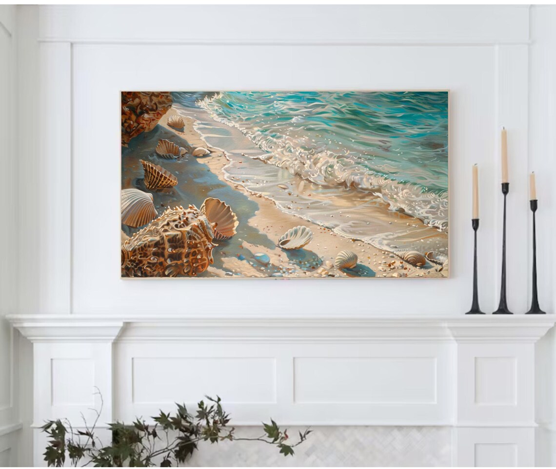 Seashells On Sandy Shoreline Turquoise Waves Beach Coastal Summer Wall Art - Image 2
