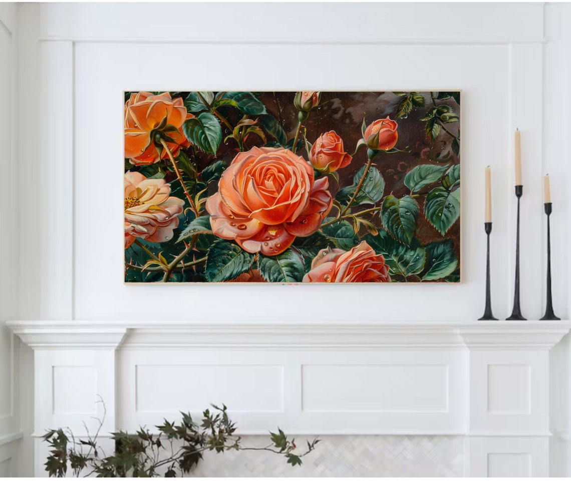Set Of 4 Peach Orange Rose Paintings Vintage Botanical Wall Art - Image 2