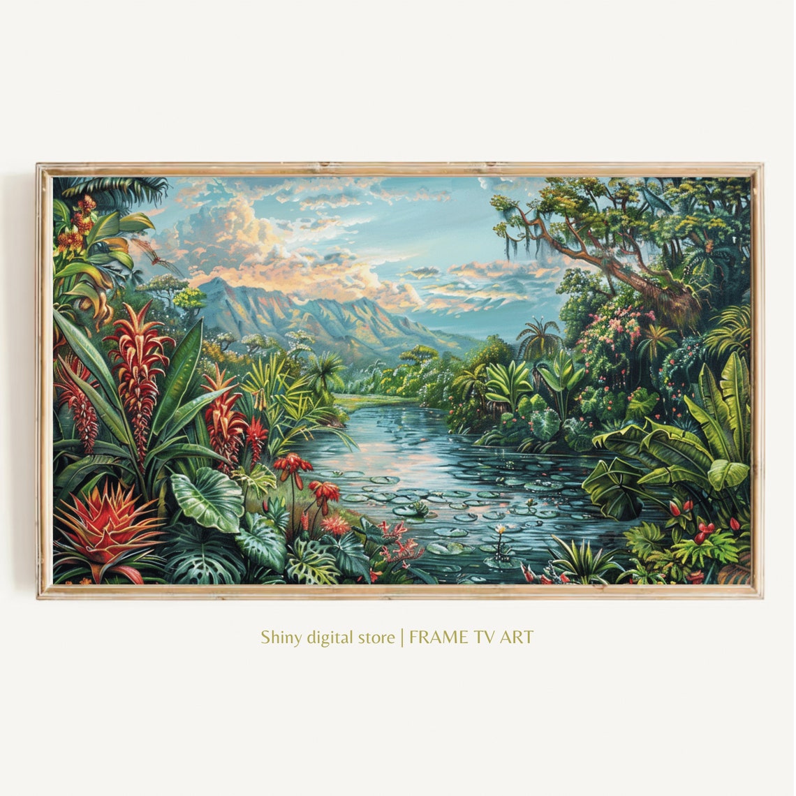Tropical River Jungle Red Bromeliad Flowers Mountain Scenic Art Poster