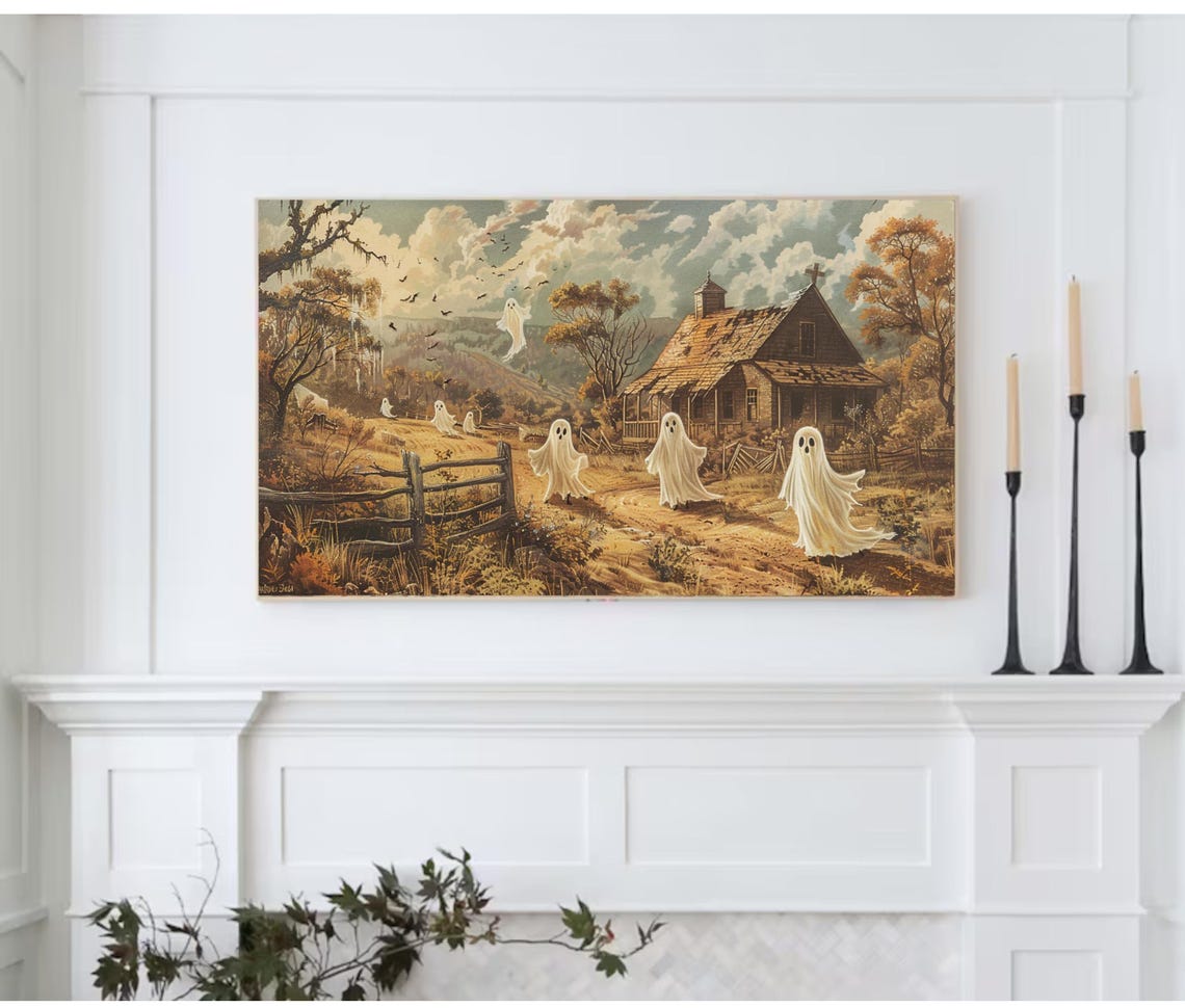 Vintage Haunted Ghost Farm Barn Spooky Fall Countryside Wall Art - Image 3