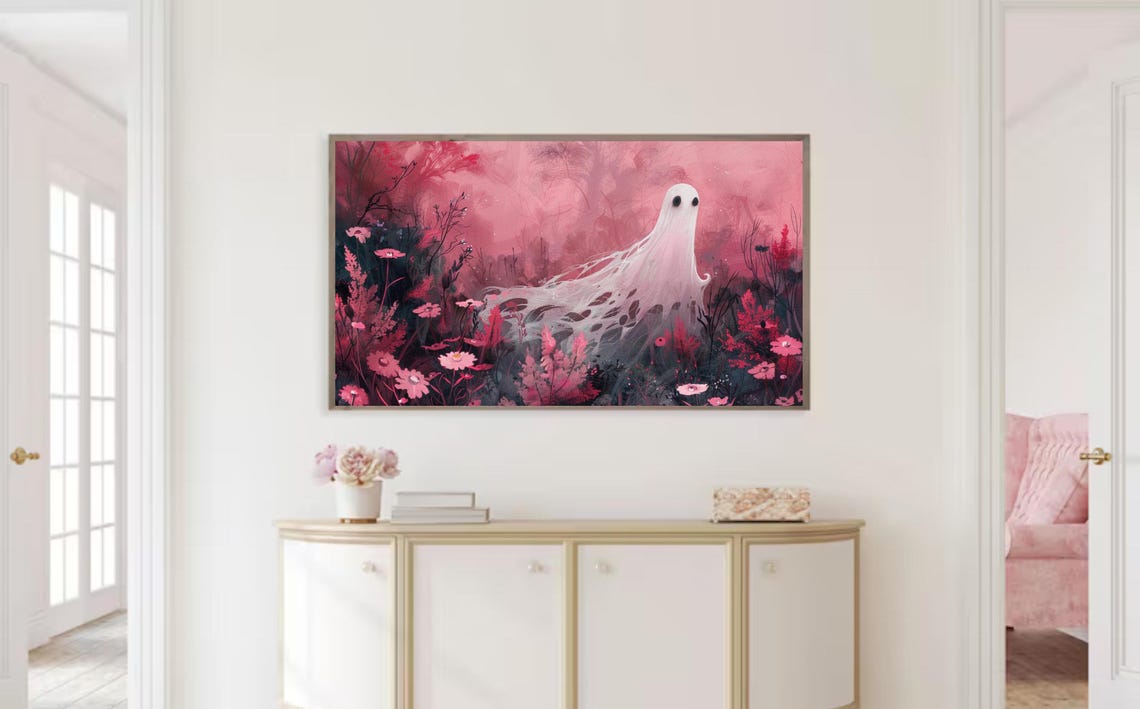 Ethereal Ghost Among Wildflowers Pink Mist Halloween Art Poster - Image 2