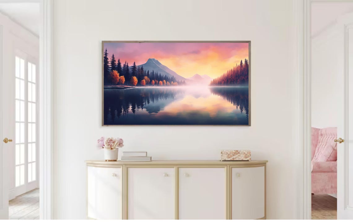 Misty Mountain Lake Sunrise Pink Sky Reflection Forest Poster - Image 2
