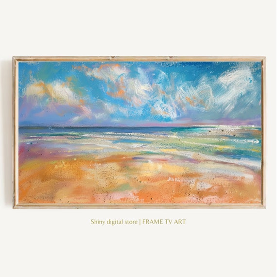 Frame Tv Summer Art Colorful Beach Seascape Instant Painting Textured Cute Pastel Art For Tv