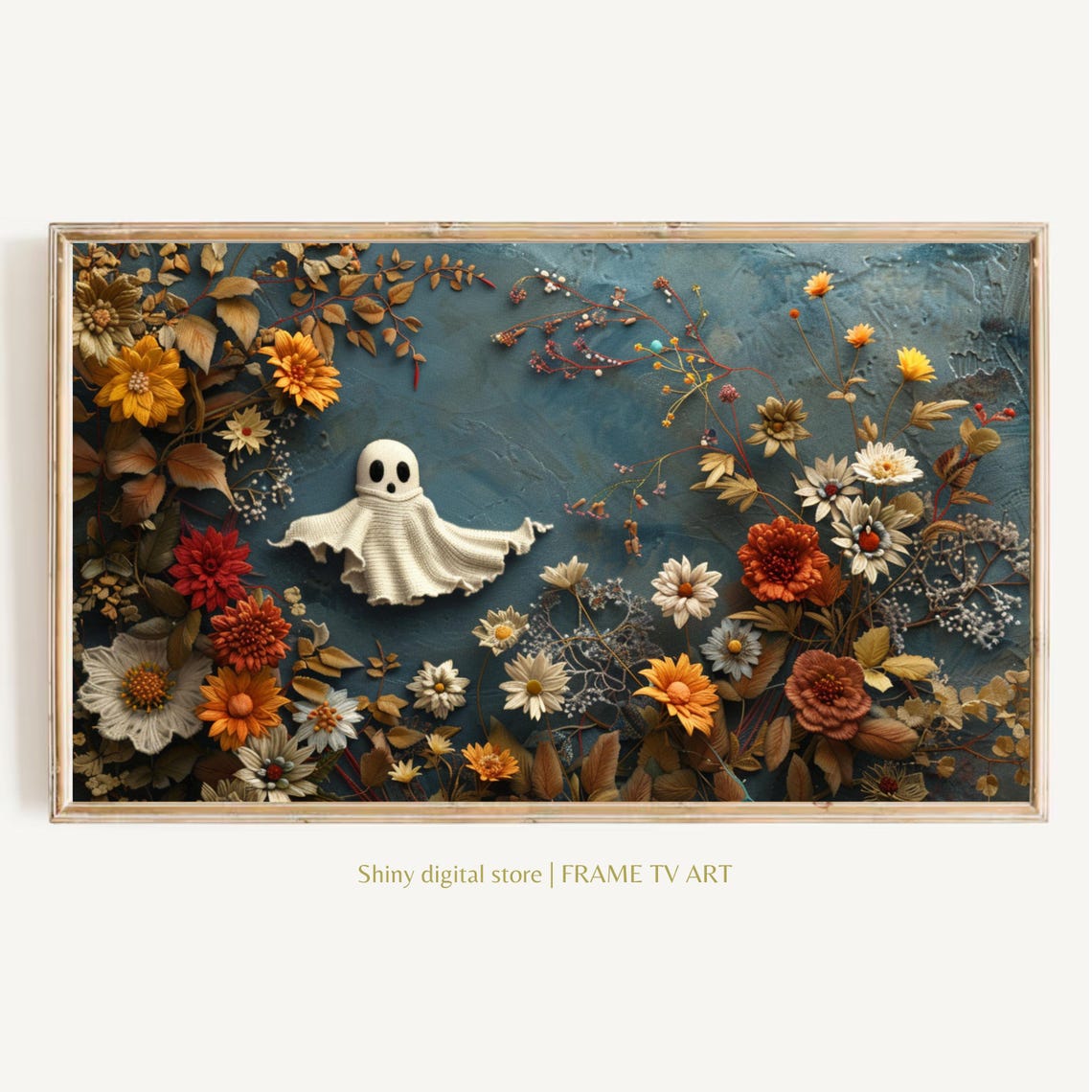 Halloween Frame Tv Art Instant Cute Ghost Wildflower Embroidery Textured Art For Tv Cottagecore Fall Art