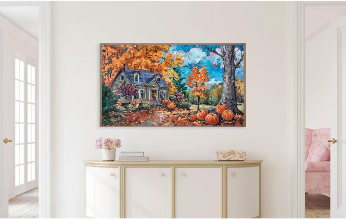 Autumn Farmhouse With Pumpkins Fall Foliage Country House Painting Art Poster - Image 2