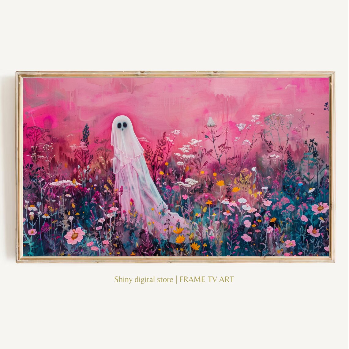Pink Ghost In Wildflower Meadow Dreamy Halloween Floral Poster