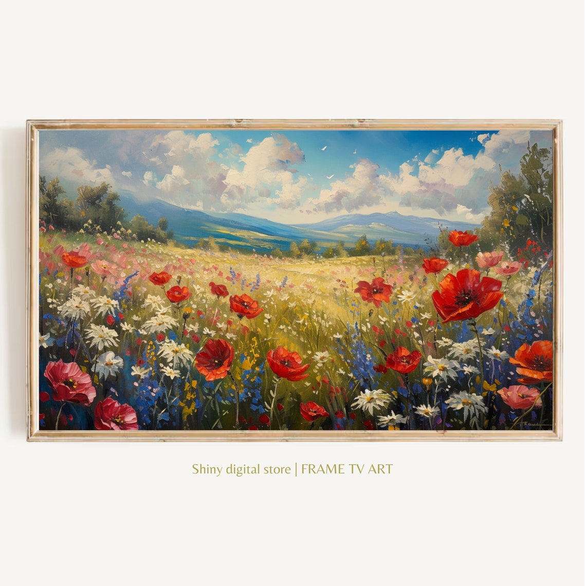 Red Poppies Daisies Summer Field Valley Mountains Blue Sky Art Poster
