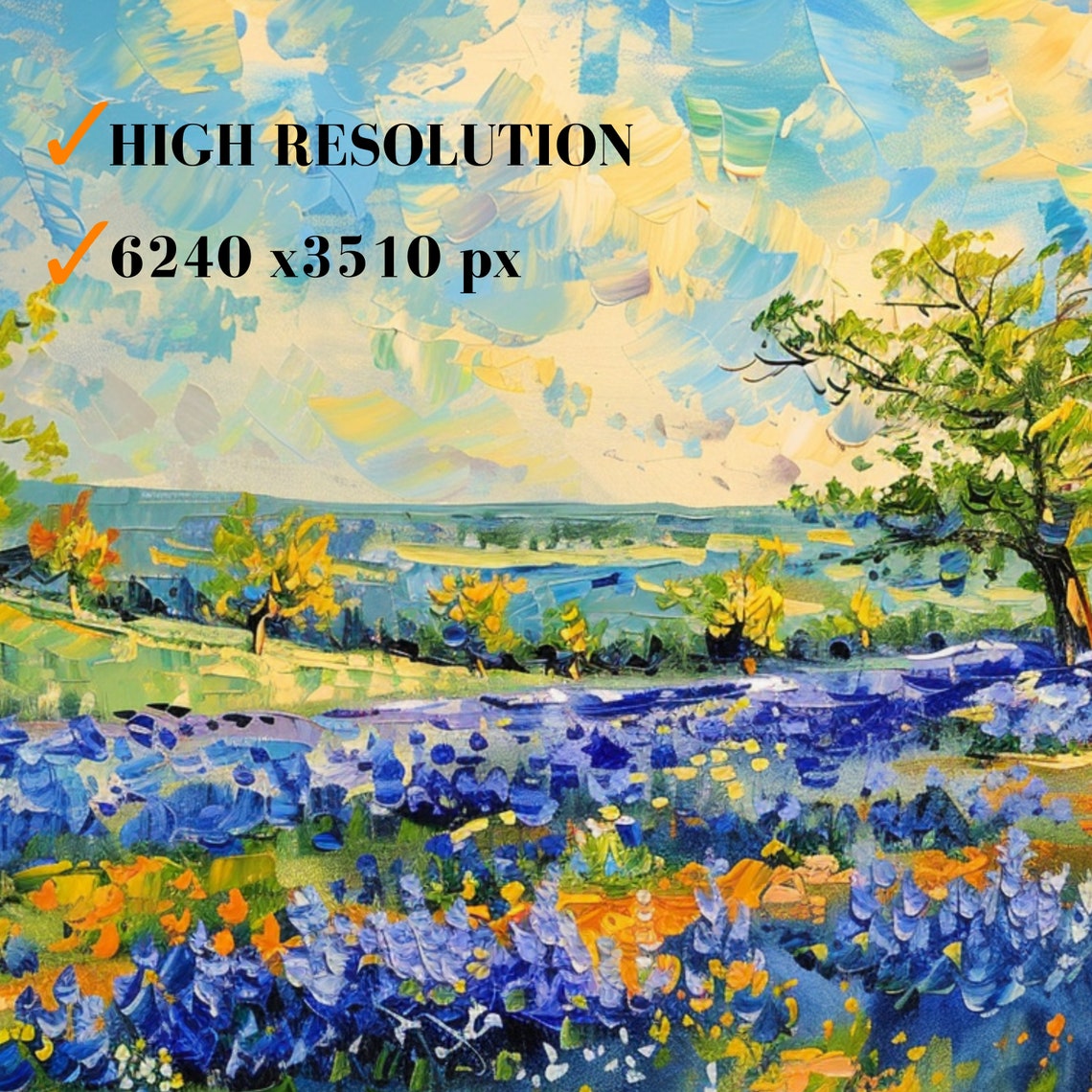 Blue Wildflower Meadow Trees Bright Cloudy Sky Landscape Poster - Image 3