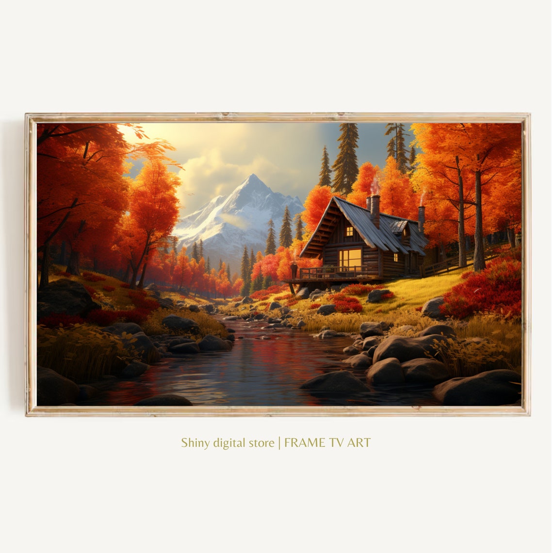Cozy Autumn Log Cabin Stream Snowy Mountain Fall Foliage Poster