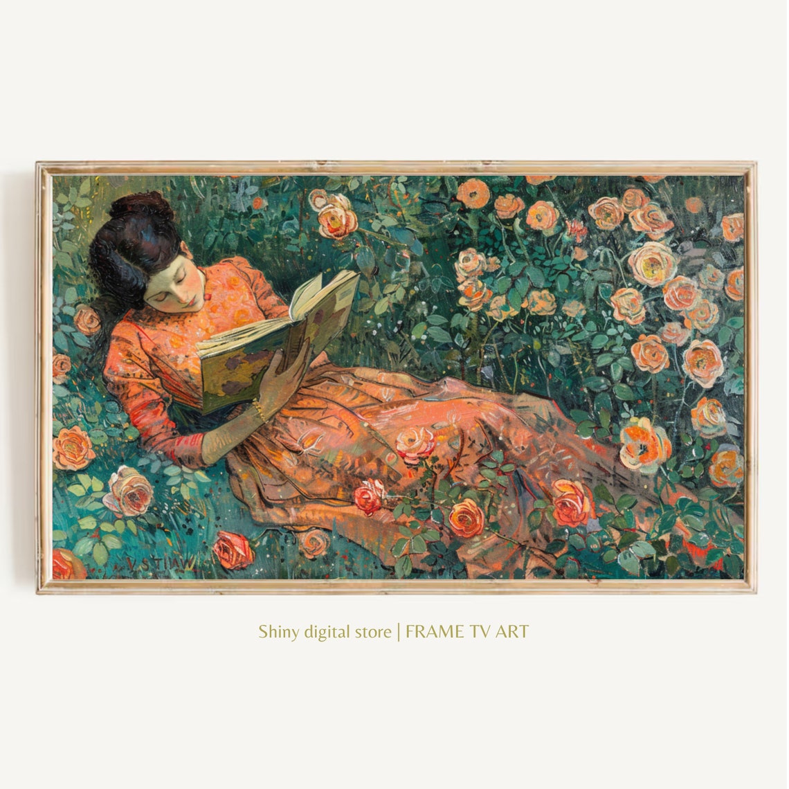 Spring Frame Tv Art Woman Reading In Rose Garden Frame Tv Art Bookish Lady And Dog Vintage Painting Country Farmhouse Art