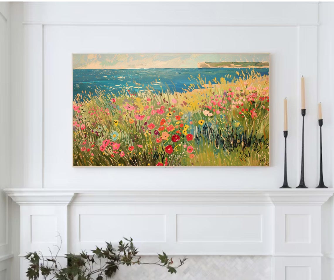 Frame Tv Art Summer Wildflower Field By Sea Vintage Spring Field Of Flowers Tv Art Warm Tone Cottagecore Tv Art - Image 2
