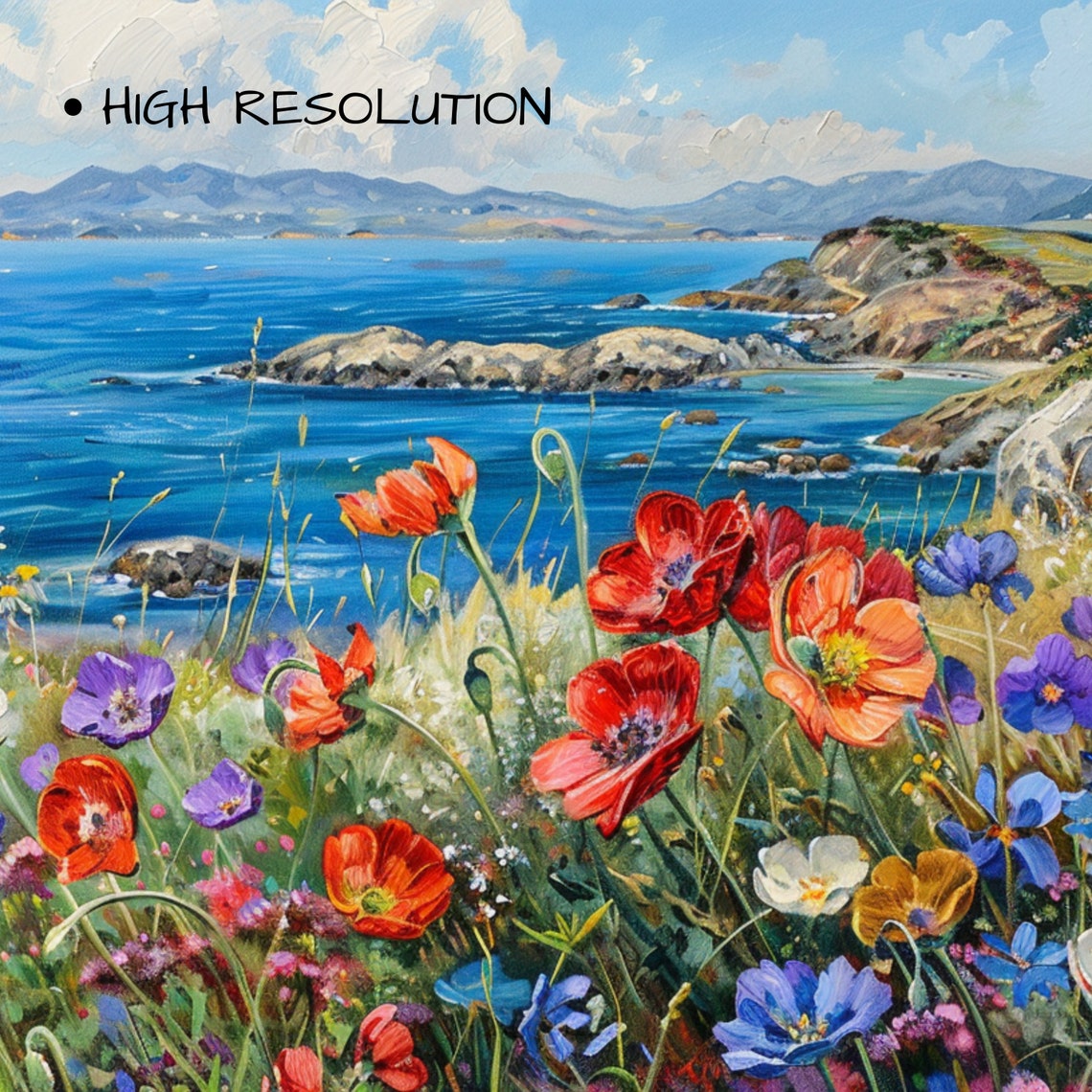 Red Poppies Blooming on Coastal Cliffs Blue Ocean Art Poster - Image 3