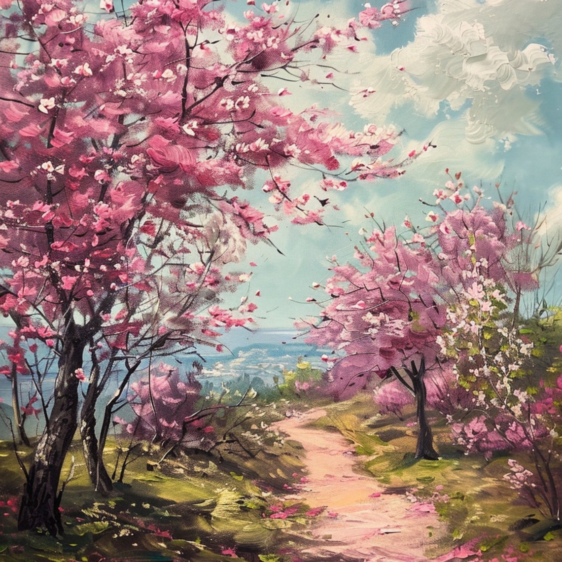 Pink Cherry Blossom Path To Sea Spring Landscape Oil Painting Poster - Image 3