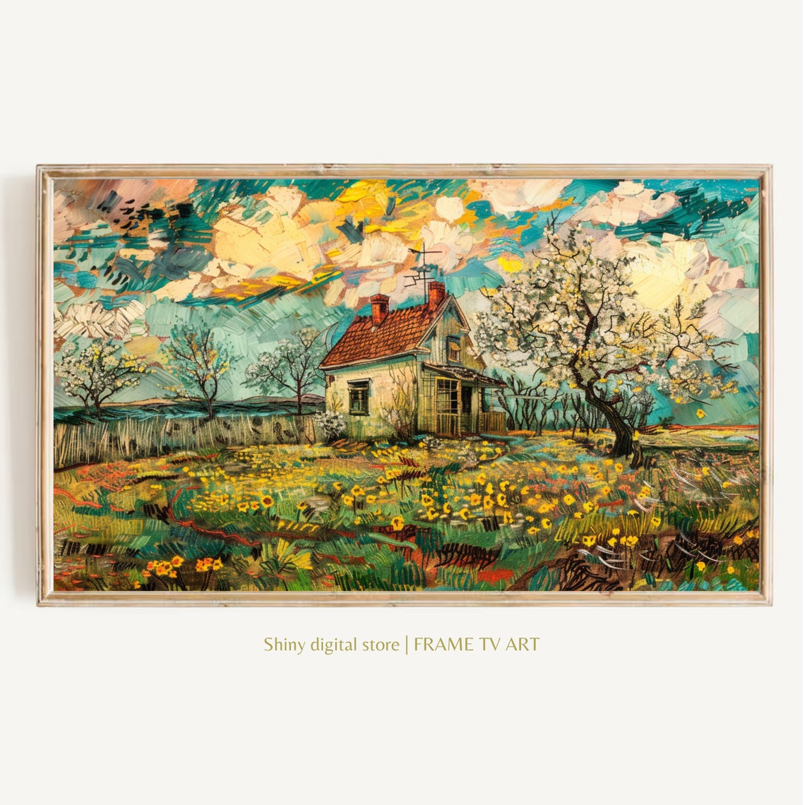 Van Gogh Style Cottage Blossom Trees Impasto Spring Art Poster