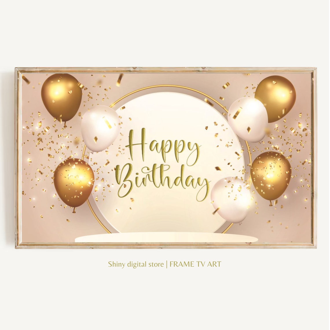 Gold Happy Birthday Script Balloons Confetti Elegant Party Art Poster
