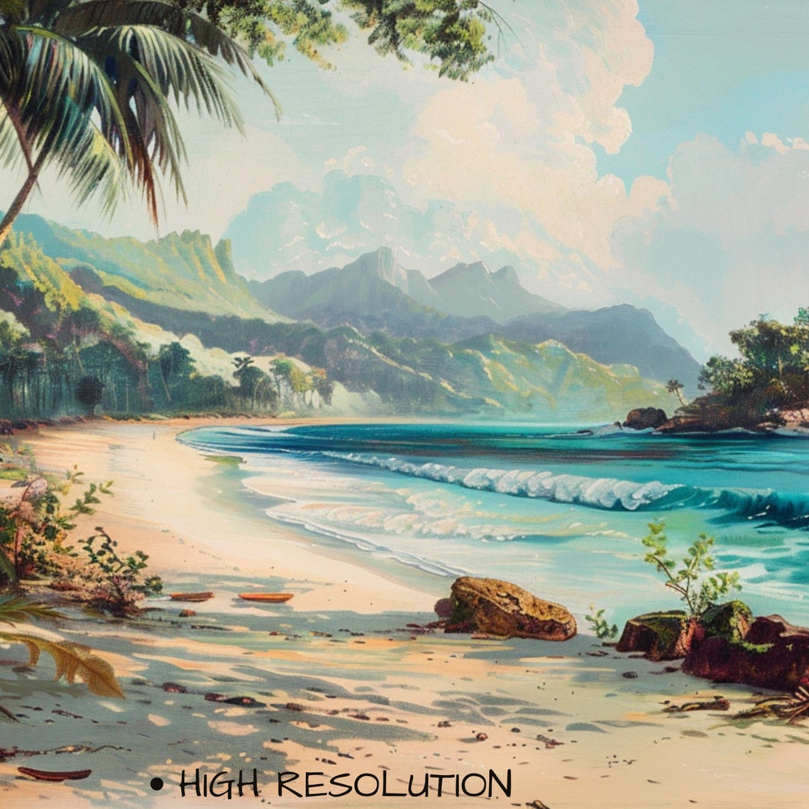 Tropical Palm Beach Turquoise Waves Mountain Coast Landscape Poster - Image 3