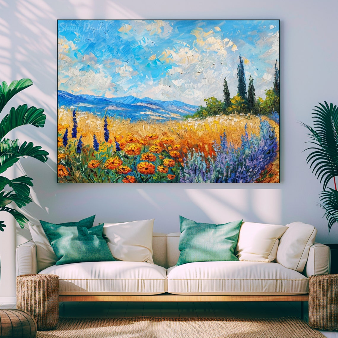 Tuscan Wheat Field Wildflowers Cypress Trees Mountain Landscape Poster - Image 2