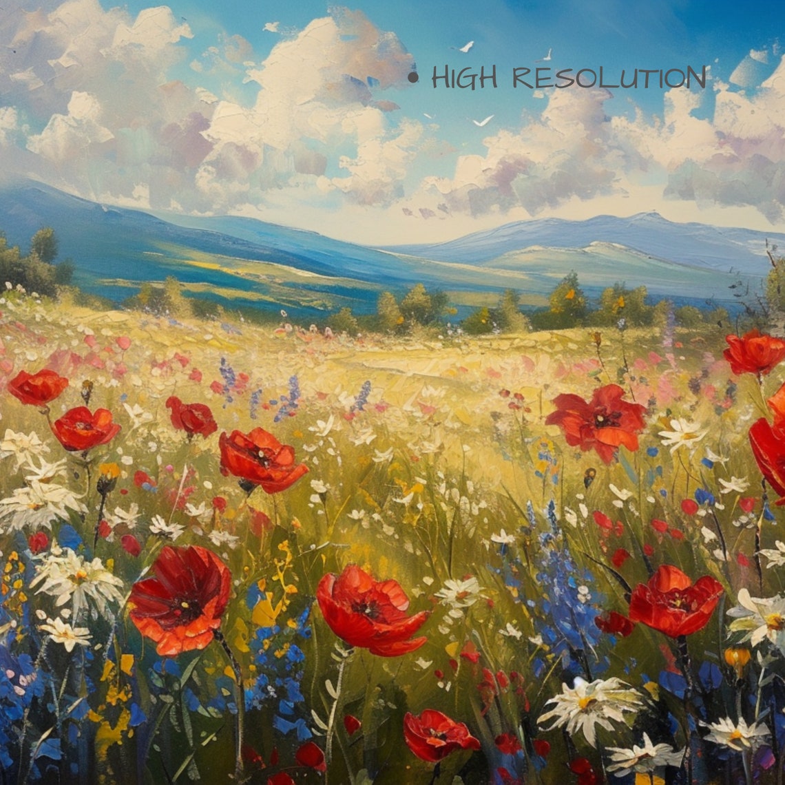 Red Poppies Daisies Summer Field Valley Mountains Blue Sky Art Poster - Image 3