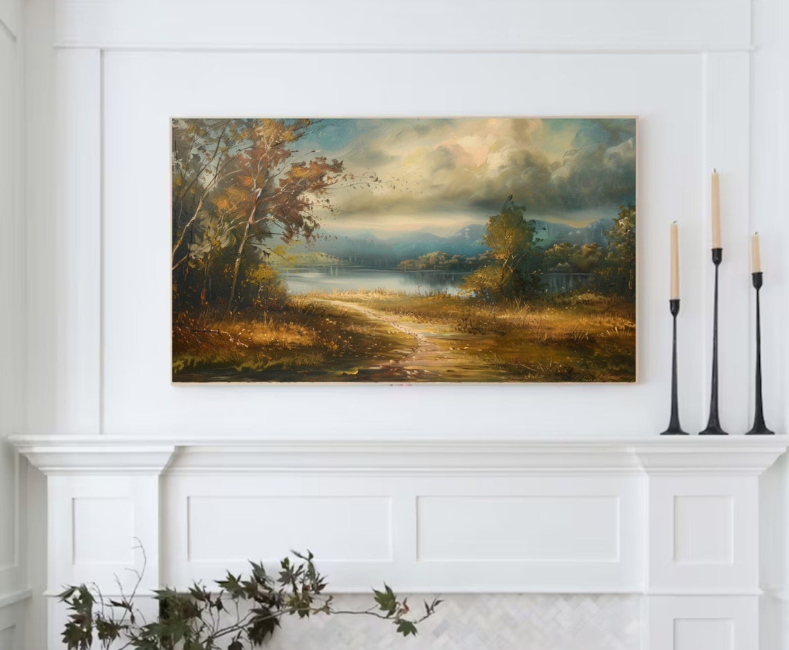 Moody Vintage Lake Landscape Autumn Path Antique Oil Art Poster - Image 2