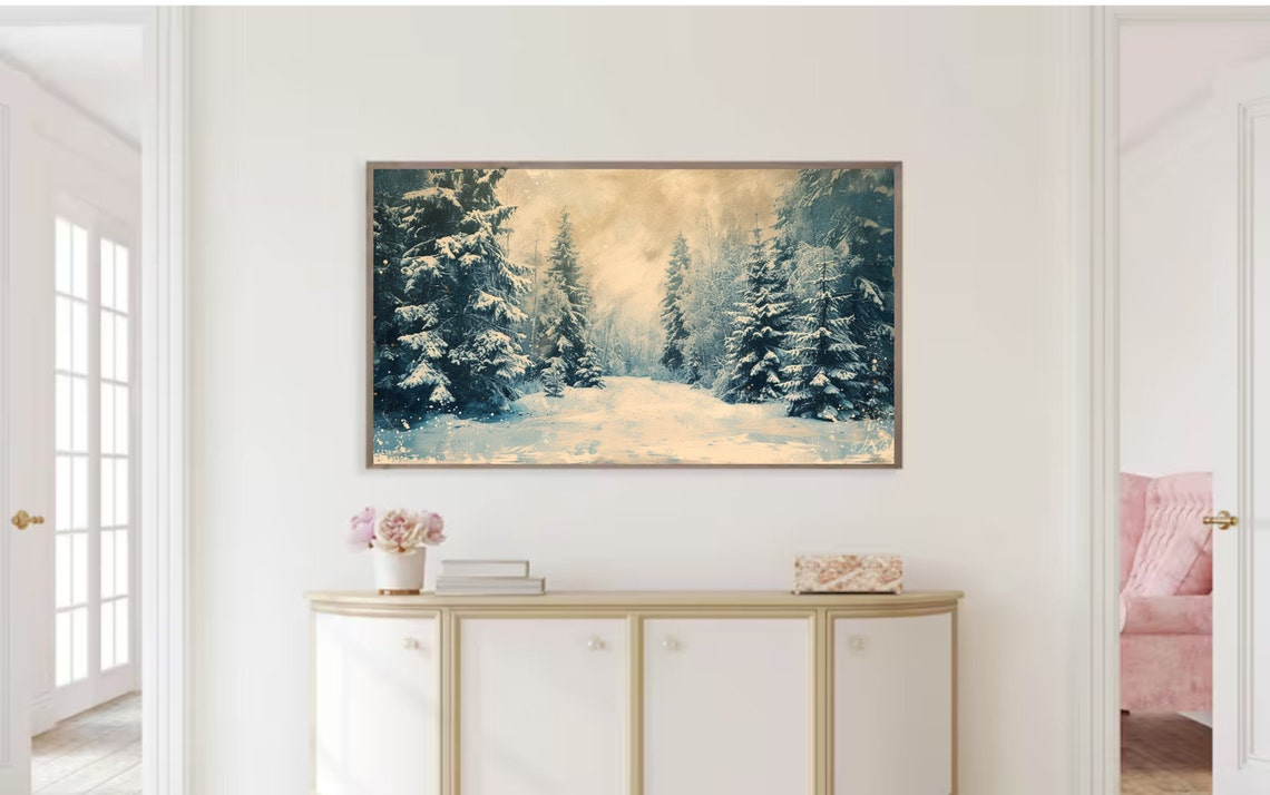 Snowy Winter Forest Path Snow Covered Pines Vintage Blue Scene Print - Image 2