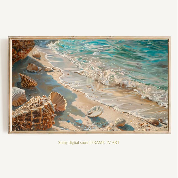 Seashells On Sandy Shoreline Turquoise Waves Beach Coastal Summer Wall Art