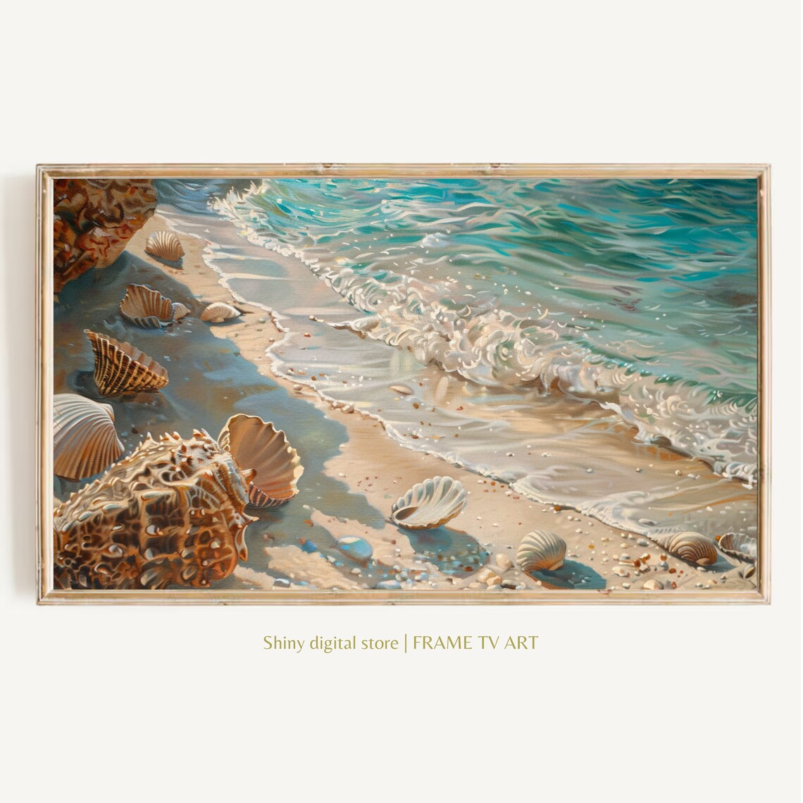 Seashells On Sandy Shoreline Turquoise Waves Beach Coastal Summer Wall Art