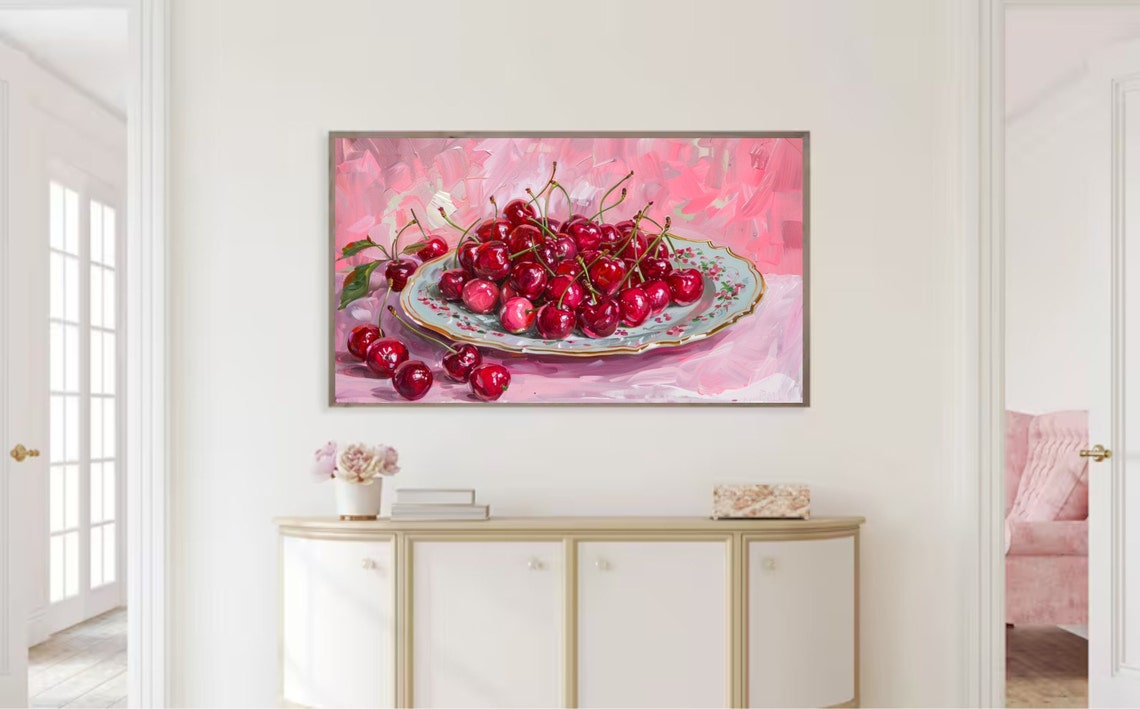 Red Cherries Still Life Porcelain Plate Pink Kitchen Art Poster - Image 2
